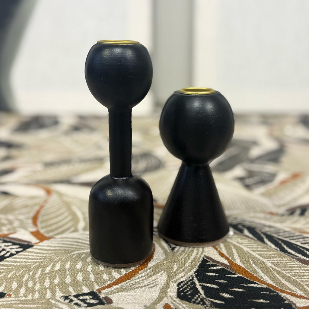 Bauhaus - Black Wooden Dinner Candle Holders - Set of 2