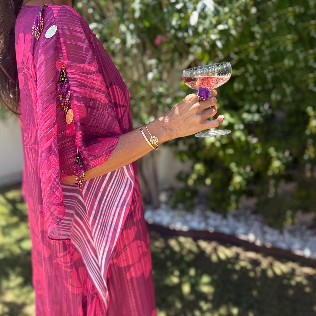 Gem Fatale - Sheer Stripe Lurex Beaded Kaftan