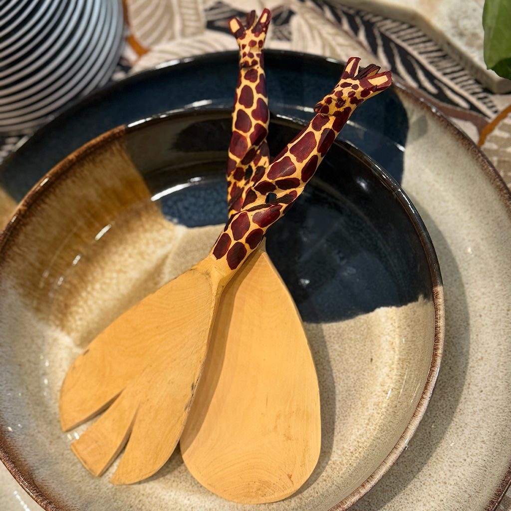 Giraffe Hand-Carved Wooden Salad Servers