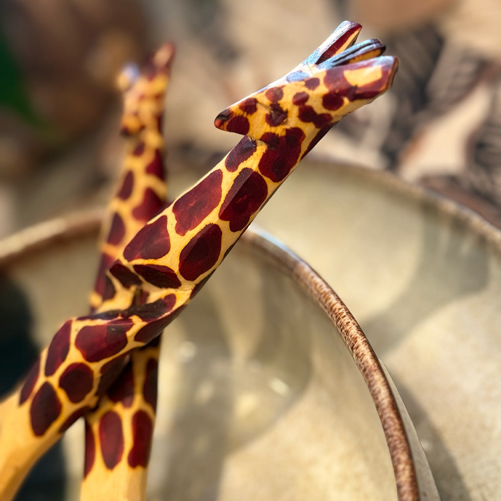 Giraffe Hand-Carved Wooden Salad Servers