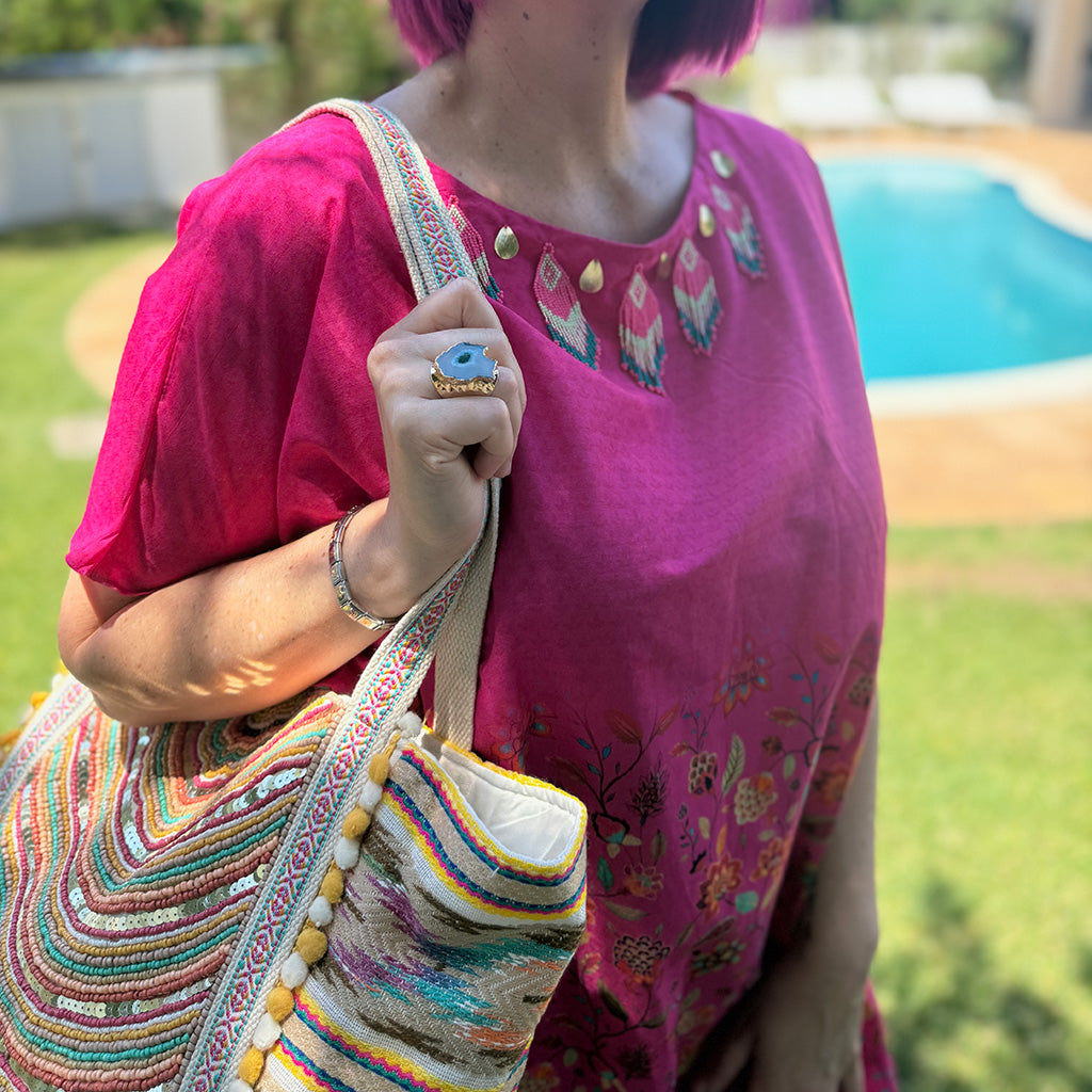 Hot Pink Dahlia - Pure Cotton Beaded Kaftan