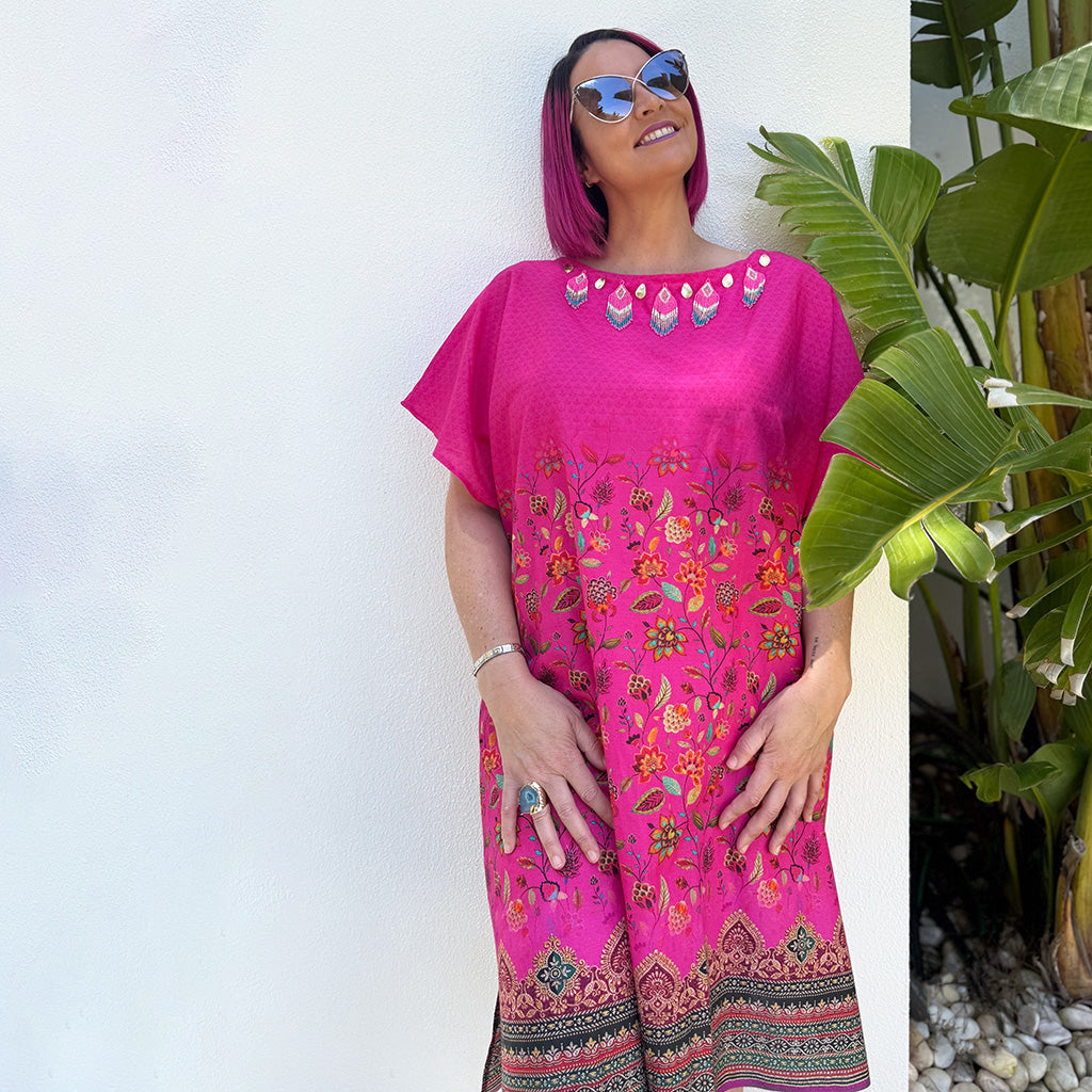 Hot Pink Dahlia - Pure Cotton Beaded Kaftan