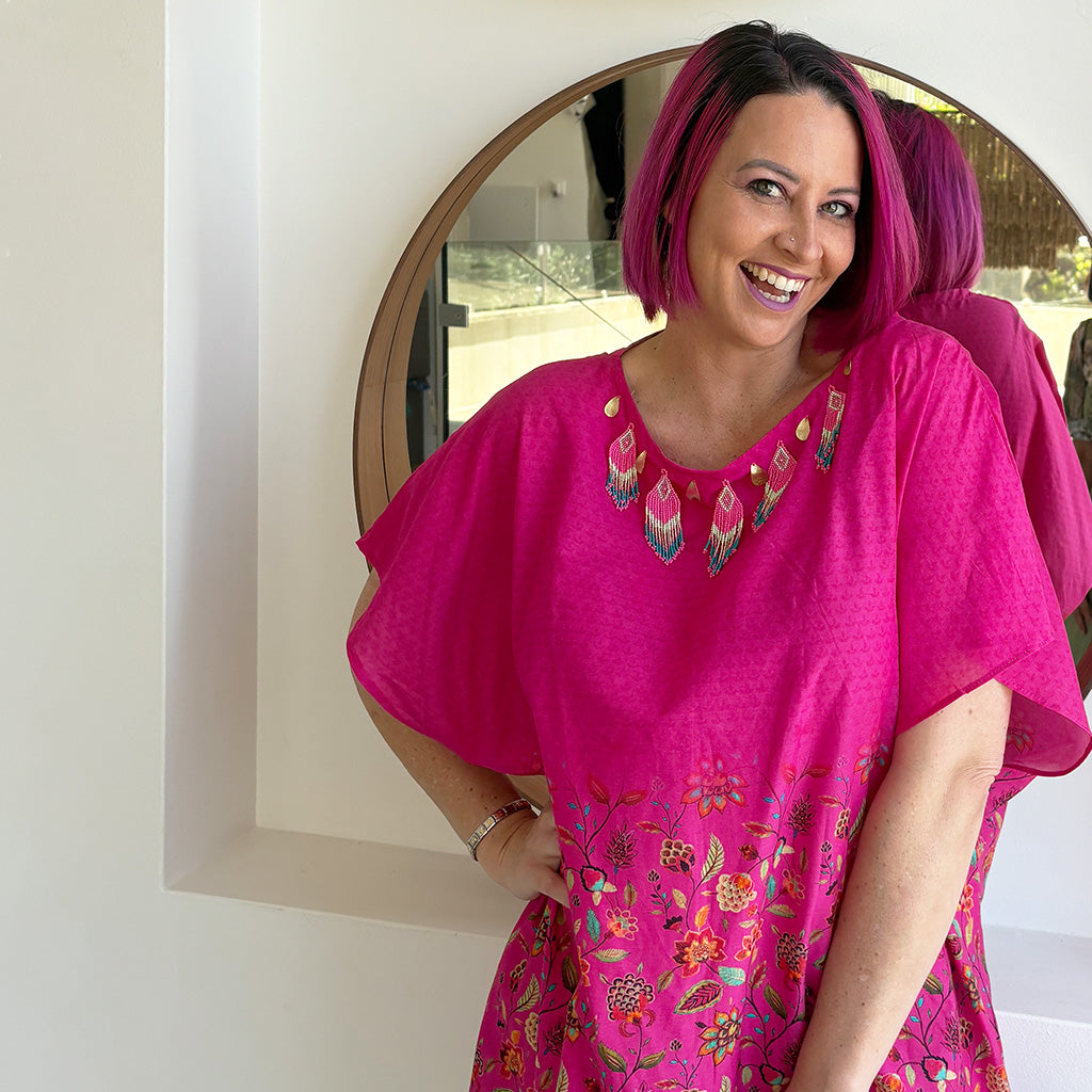 Hot Pink Dahlia - Pure Cotton Beaded Kaftan