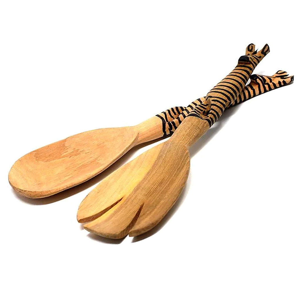 Zebra Hand-Carved Wooden Salad Servers