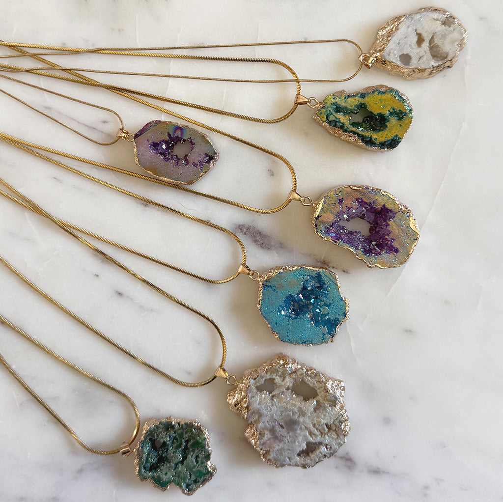 Druzy Pendant - Crystal Quartz with Gold Plated Chain