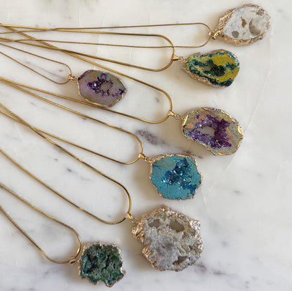 Druzy Pendant - Crystal Quartz with Gold Plated Chain