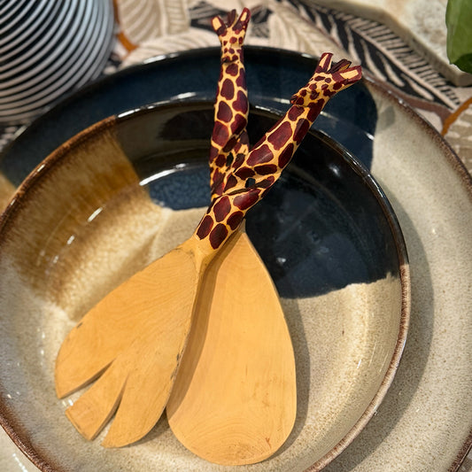 Giraffe Hand-Carved Wooden Salad Servers