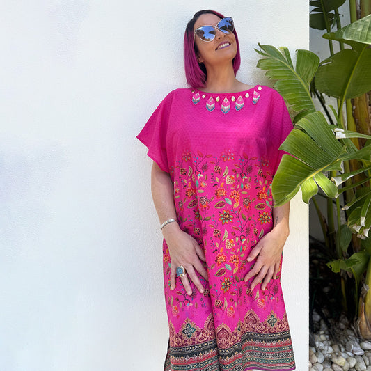 Hot Pink Dahlia - Pure Cotton Beaded Kaftan