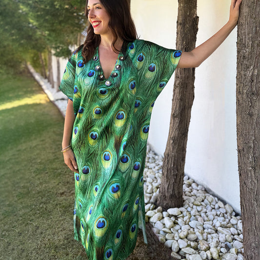 Peacock Plumes - Satin Beaded Kaftan