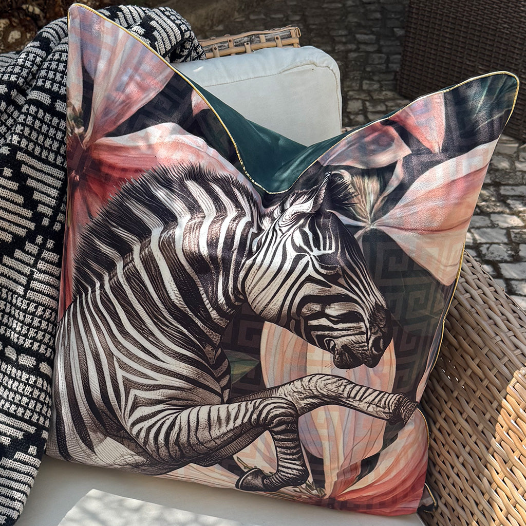 Leaping Zebra - Velvet Scatter with Feather Inner - 60x60cm